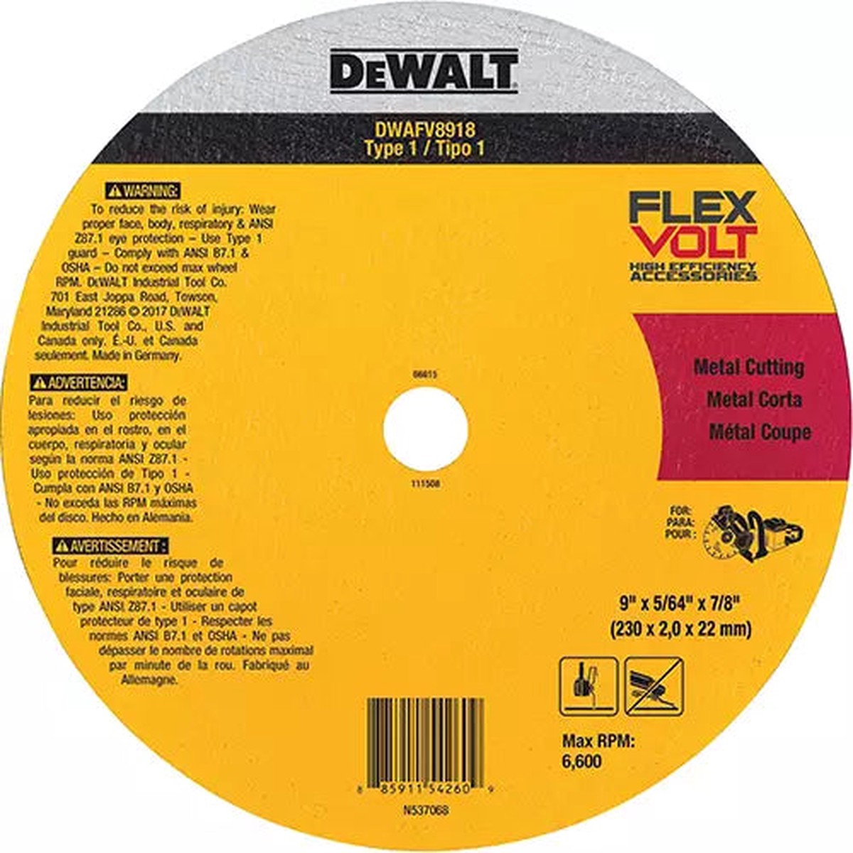 Cut-Off Wheel - Dewalt FLEXVOLT Ceramic Metal Cutoff Wheel Type 1, DWAFV8918