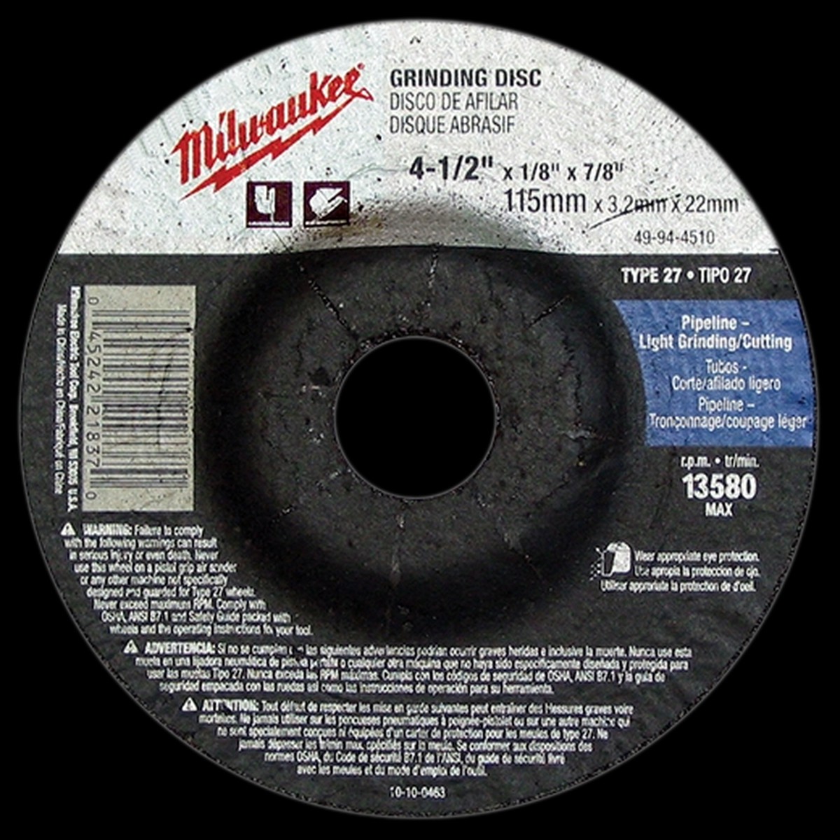Cut-Off Wheel - Milwaukee 4-1/2" Type 27 Cut-Off Wheels, 49-94-4505