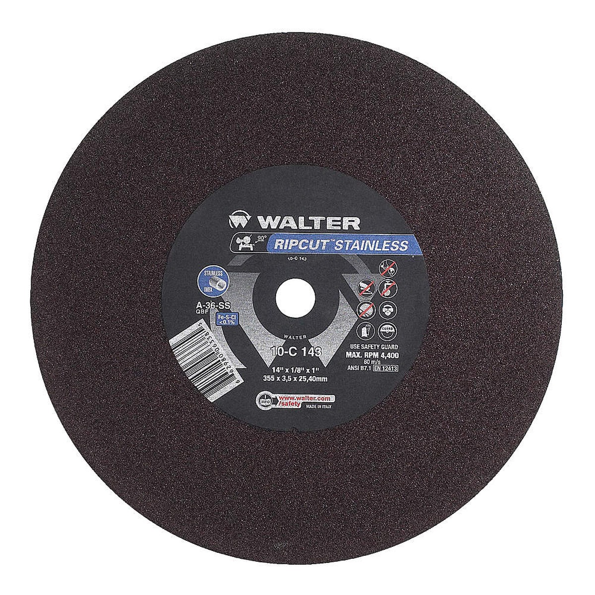 Cut-Off Wheel - Walter RIPCUT STAINLESS TYPE 1 12"X1/8"X1" A36SS, 10C123