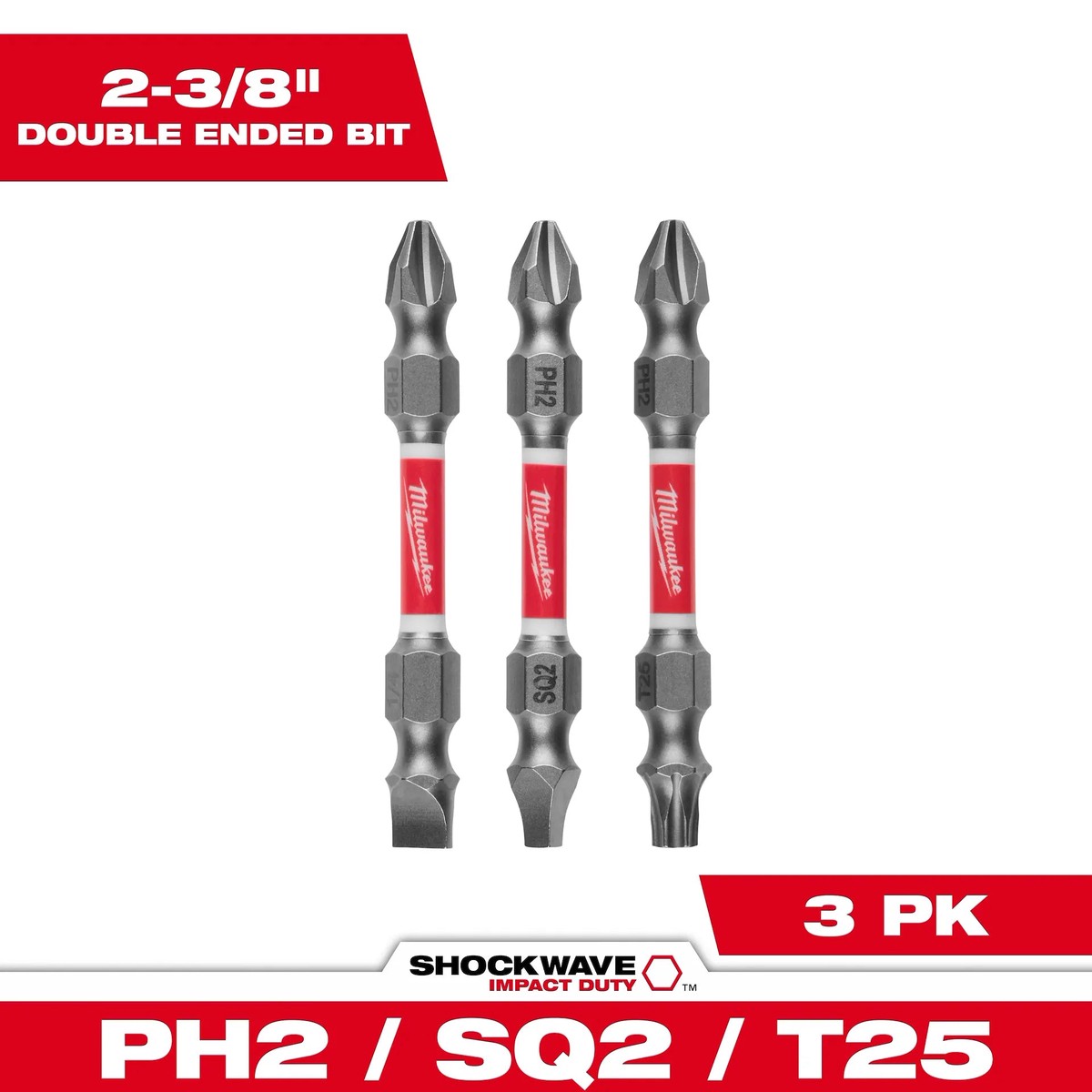 Drill Bit - Milwaukee 3PC SHOCKWAVE Impact Duty PH2/SQ2/T25 Double Ended Bits, 48-32-4319