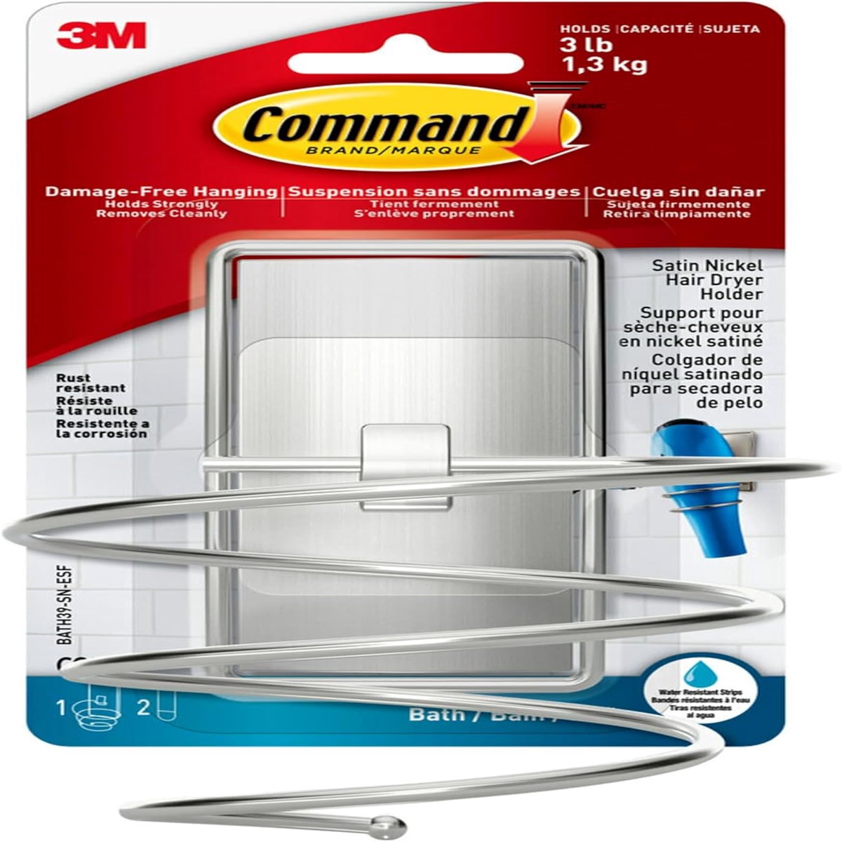 Hanging Hooks - 3M Command Bath Hair Dryer Holder, Satin Nickel, BATH39-SN-ESF