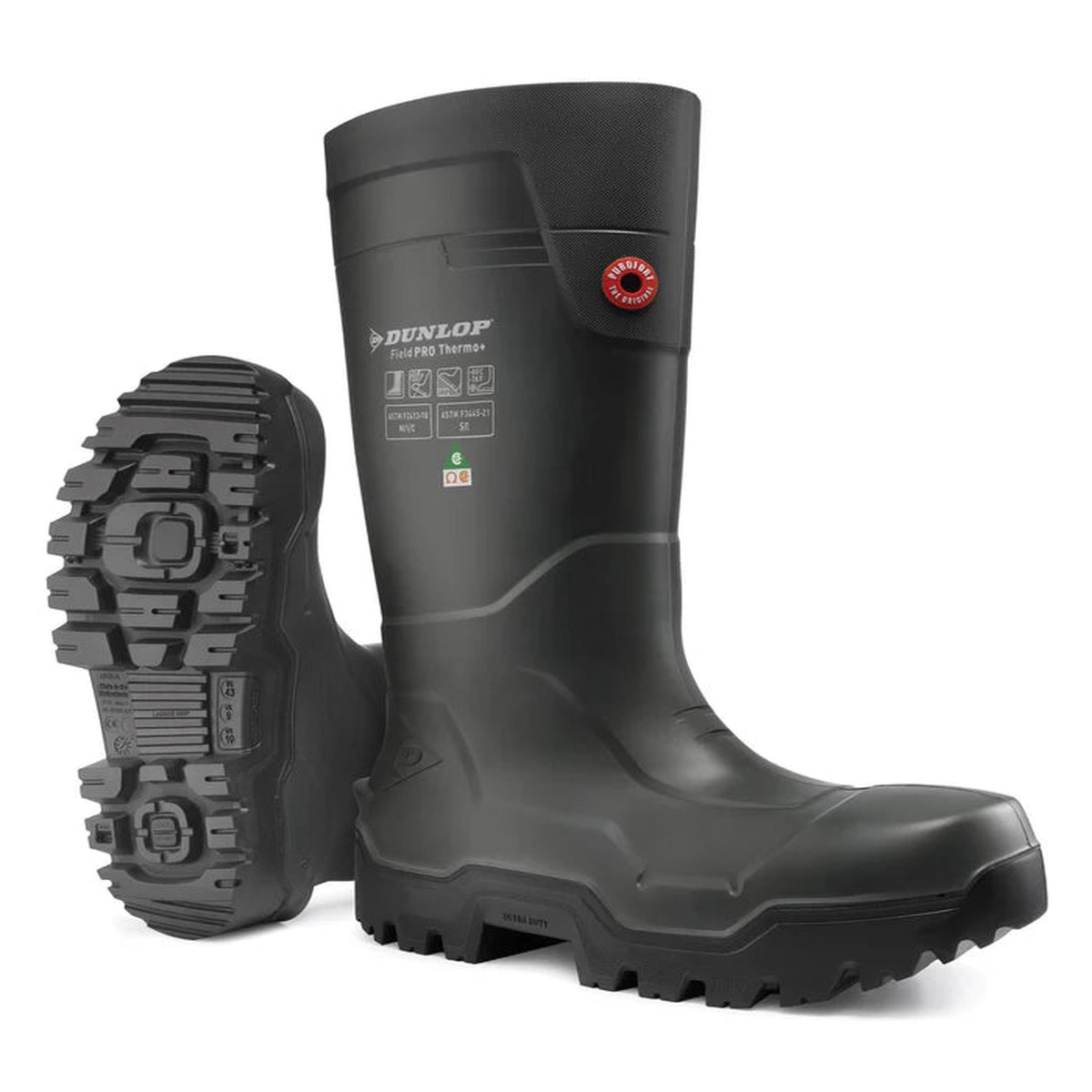 Insulated Rubber Boot - Dunlop FieldPRO Thermo+ Full Safety, Black | 15" Insulated PU Work Boots, DLPLHD0-11