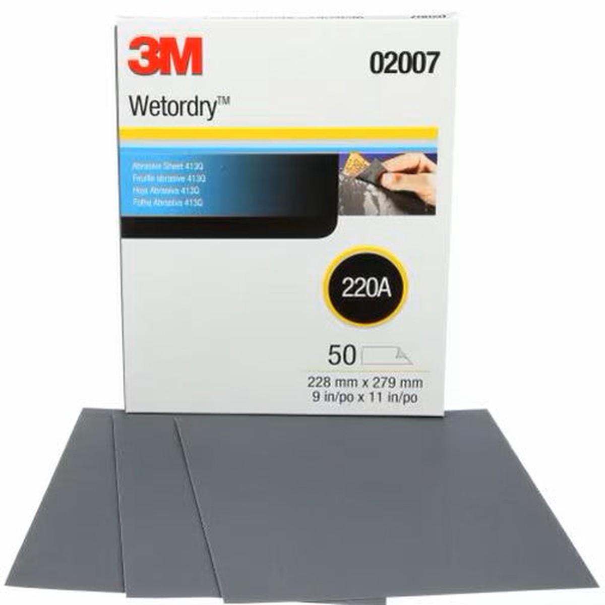 Abrasive Sheet - 3M Wetordry Abrasive Sheet, 413Q, 220, 9 in x 11 in, 50 Sheets/Carton, AB02007
