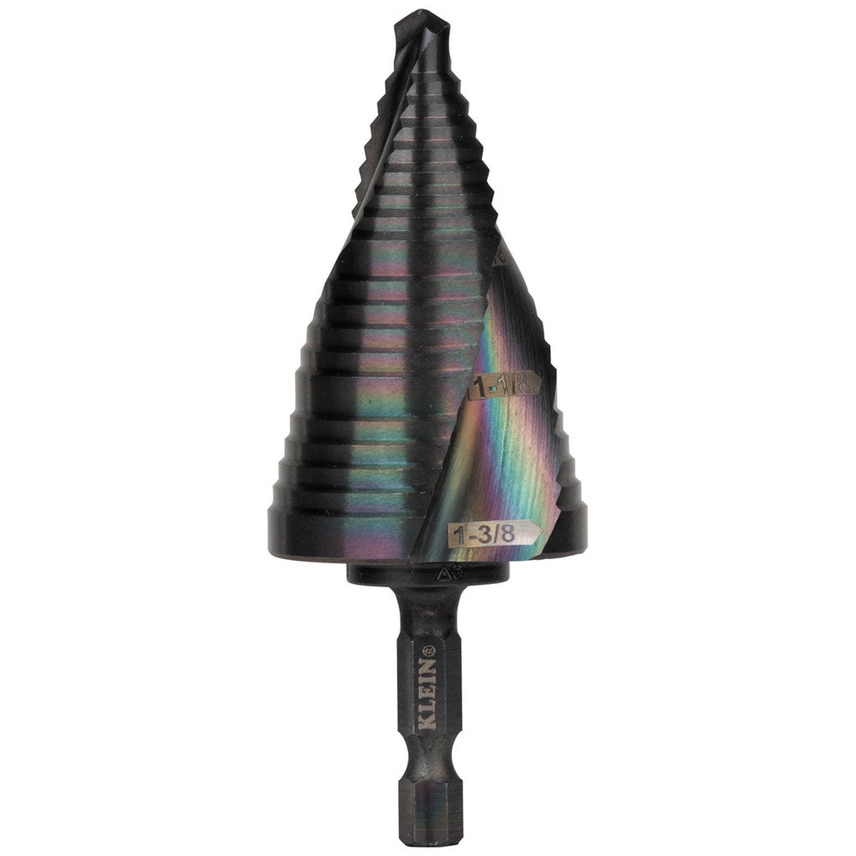 Step Drill Bit - Klein Tools Step Drill Bit, Quick Release, Spiral Flute, 7/8 to 1-3/8-Inch, QRST15