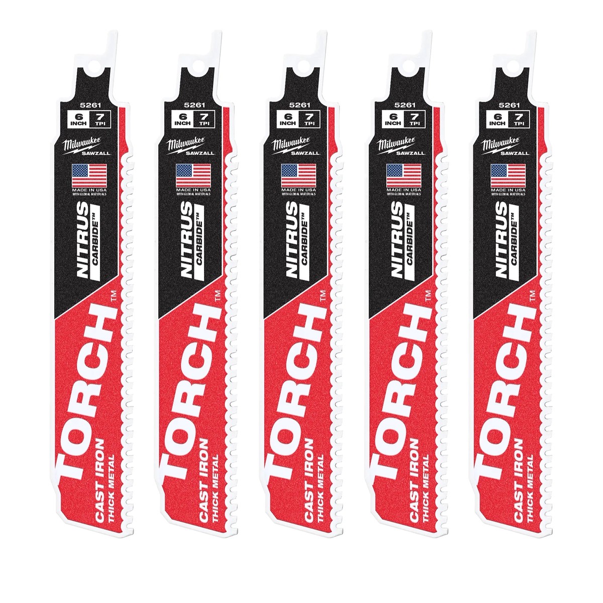 Saw Blades - Milwaukee 6" 8 TPI TORCH with NITRUS Carbide SAWZALL Blade for Cast Iron - 5 Pack, 48-00-5561