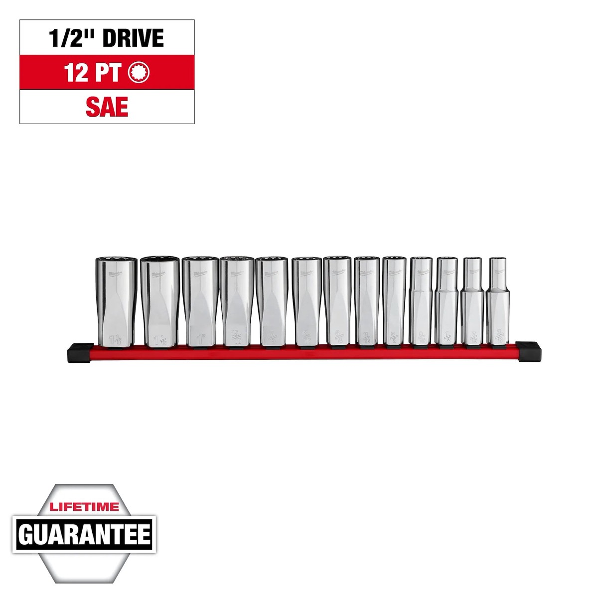 Socket Set - Milwaukee 13pc 1/2 Drive 12-Point Deep Well SAE or Metric Socket Set, 48-22-9424 / 48-22-9524