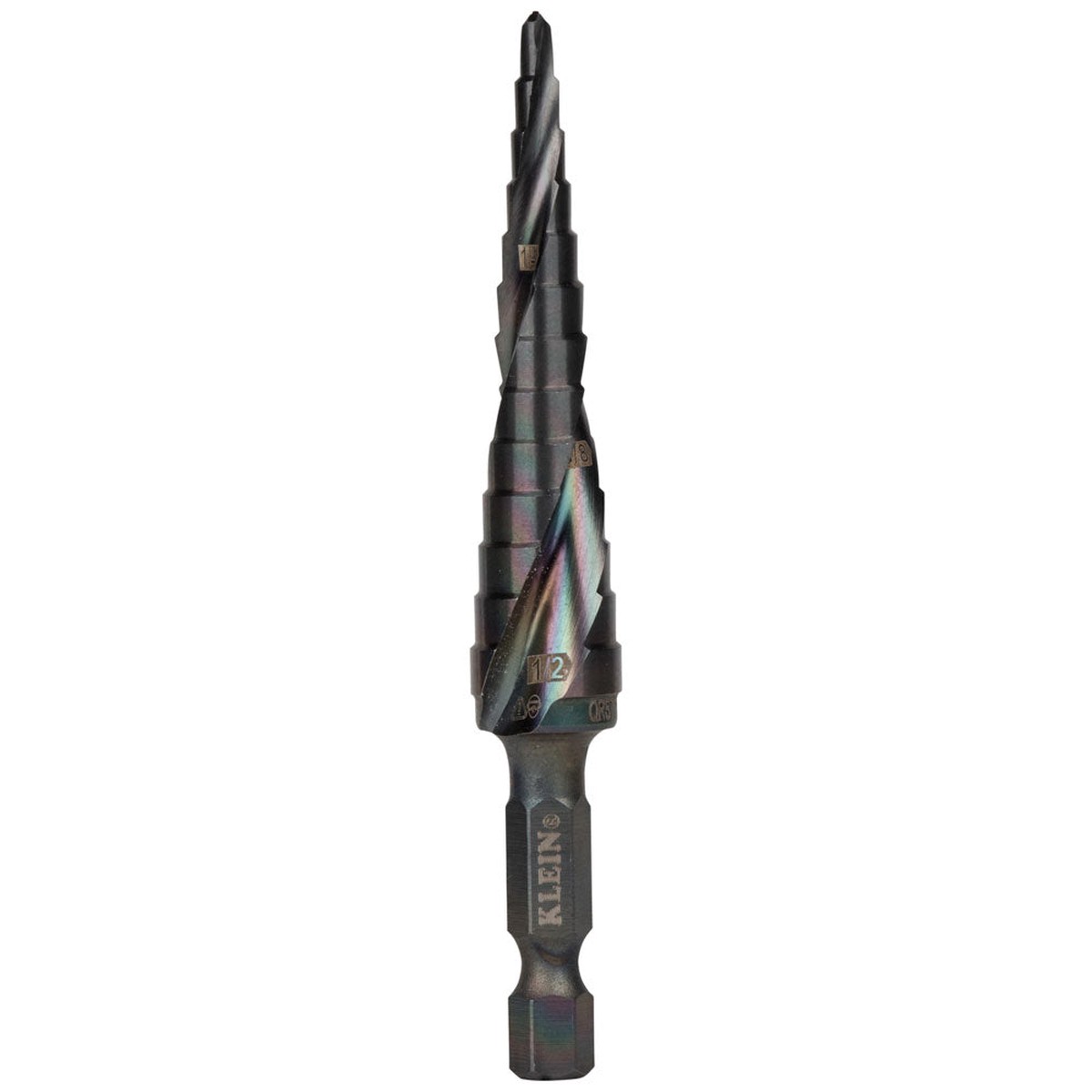 Step Drill Bit - Klein Tools Step Drill Bit, Quick Release, Spiral Flute, 1/8 to 1/2-Inch, QRST01