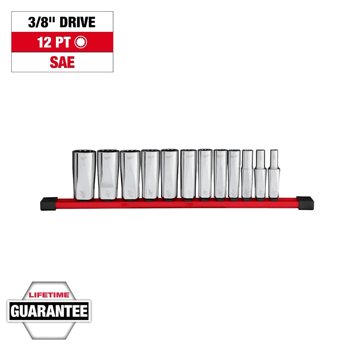 Socket Set - Milwaukee 12pc 3/8 Drive 12-Point Deep Well SAE or Metric Socket Set, 48-22-9421 / 48-22-9521