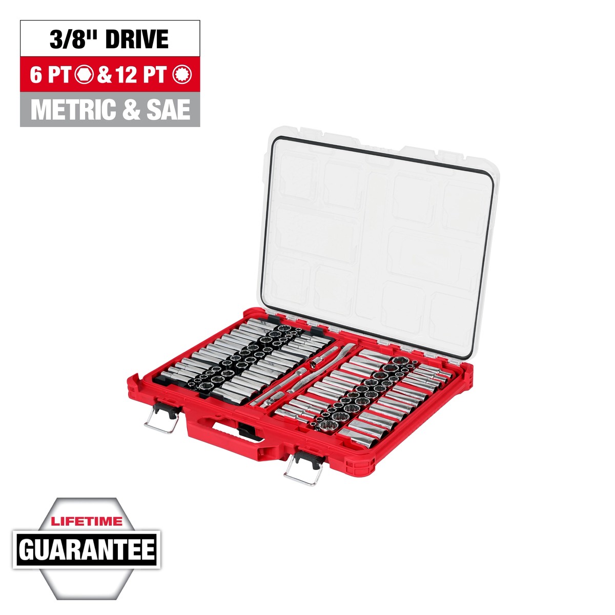 Socket Set - Milwaukee 98pc 3/8" 6-Pt and 12-Pt Metric & SAE Ratchet & Socket Set with PACKOUT Low-Profile Organizer, 48-22-9285