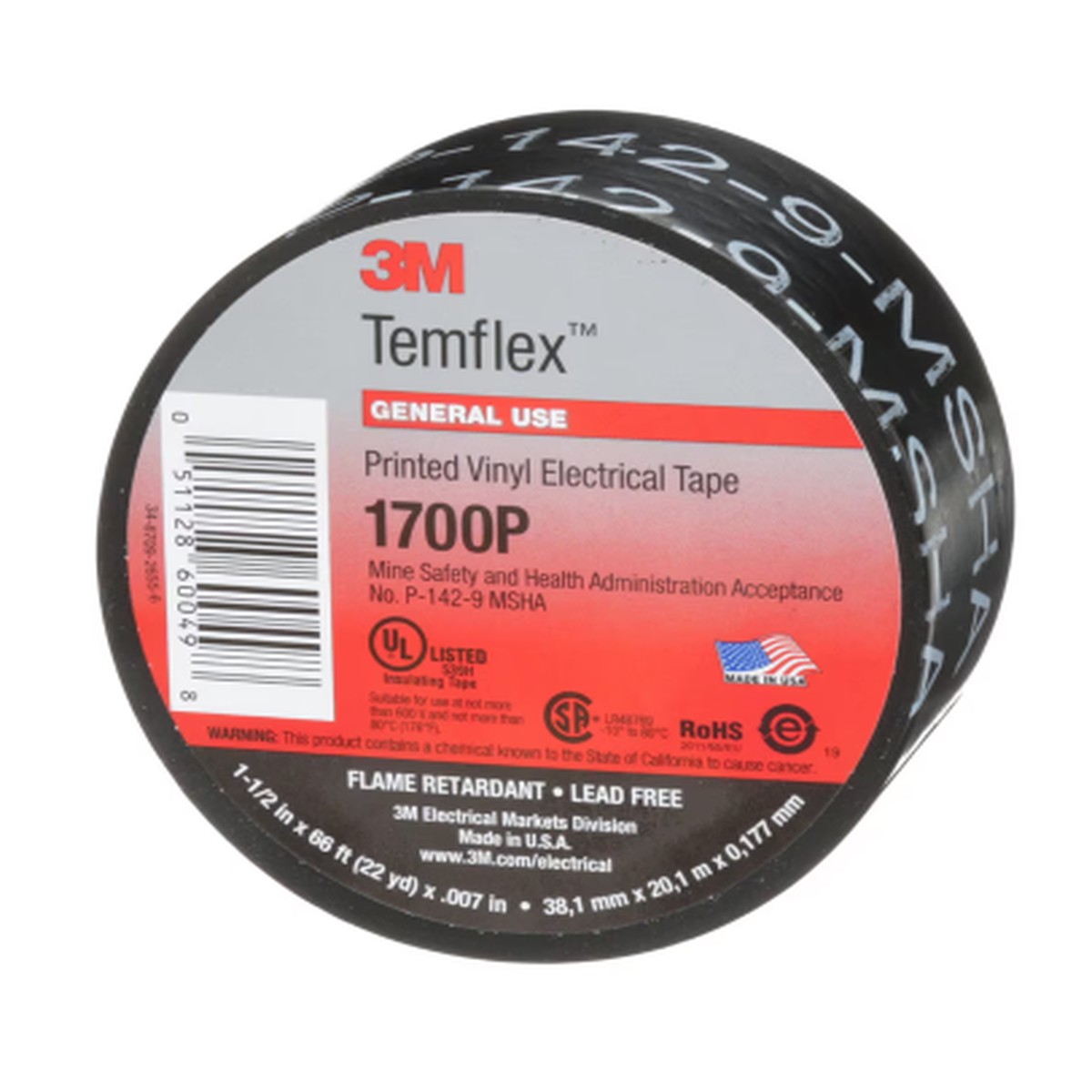 Tape - 3M Temflex Vinyl Electrical Tape, printed, black, 1-1/2" x 66' (38 mm x 20 m), MSHA approved, 1700P