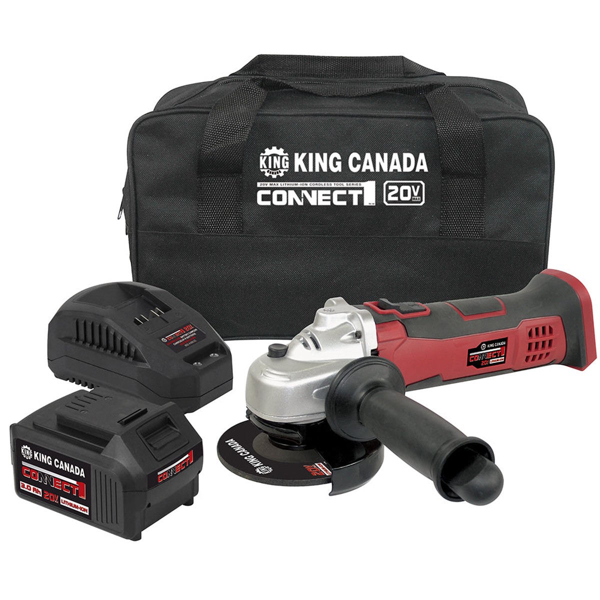 Angle Grinder - King Canada 20V Max Li-Ion Cordless 4-1/2" Angle Grinder Kit, 8035LK-BC