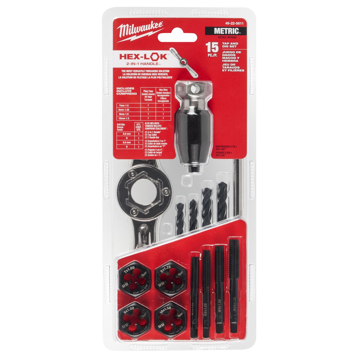 Tap & Die Set - Milwaukee 15PC Metric Tap & Die Set w/ HEX-LOK 2-in-1 Handle, 49-22-5611