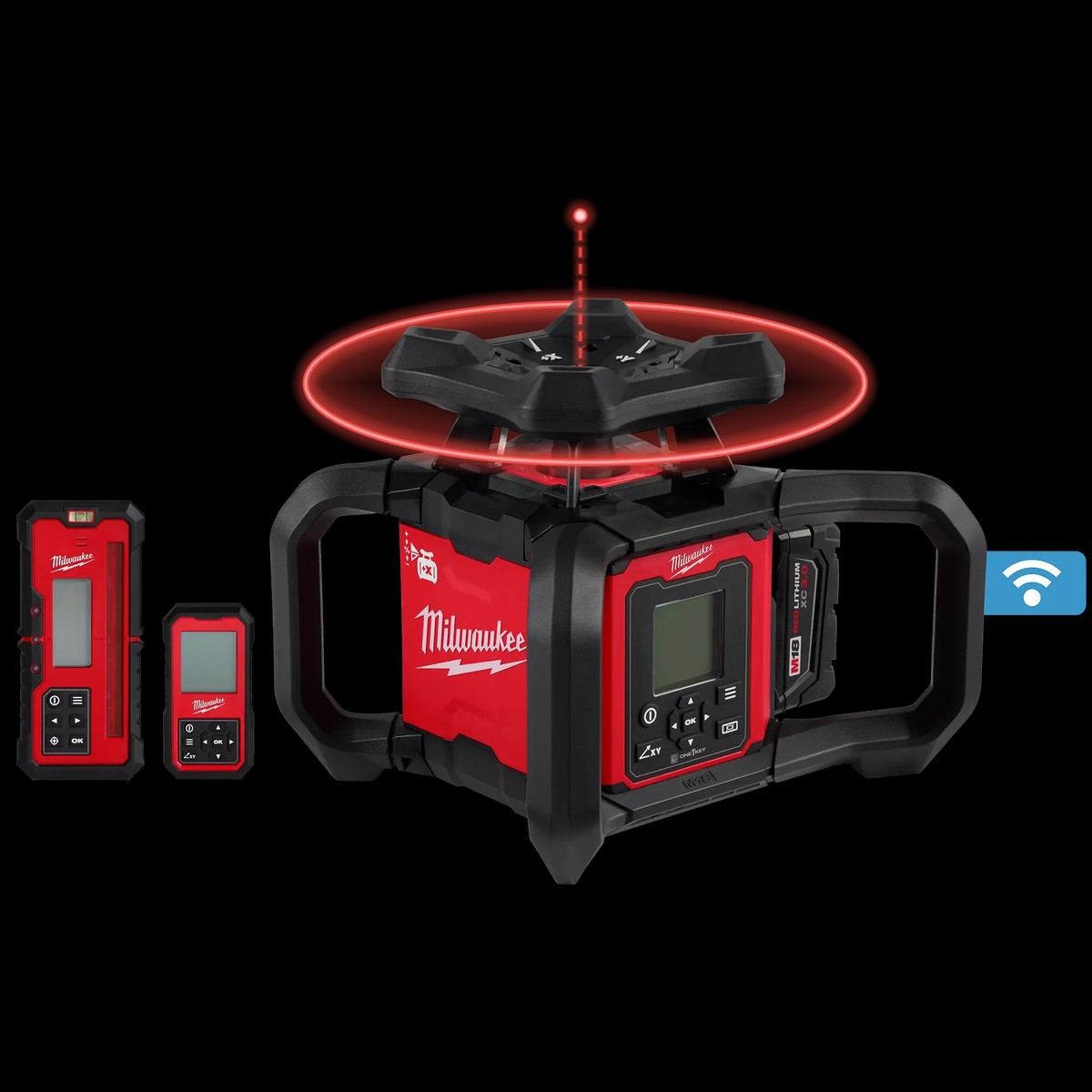 Laser Level Kit - Milwaukee M18 Red Exterior Dual Slope Rotary Laser Level Kit w/ Receiver & Remote, 3704-21