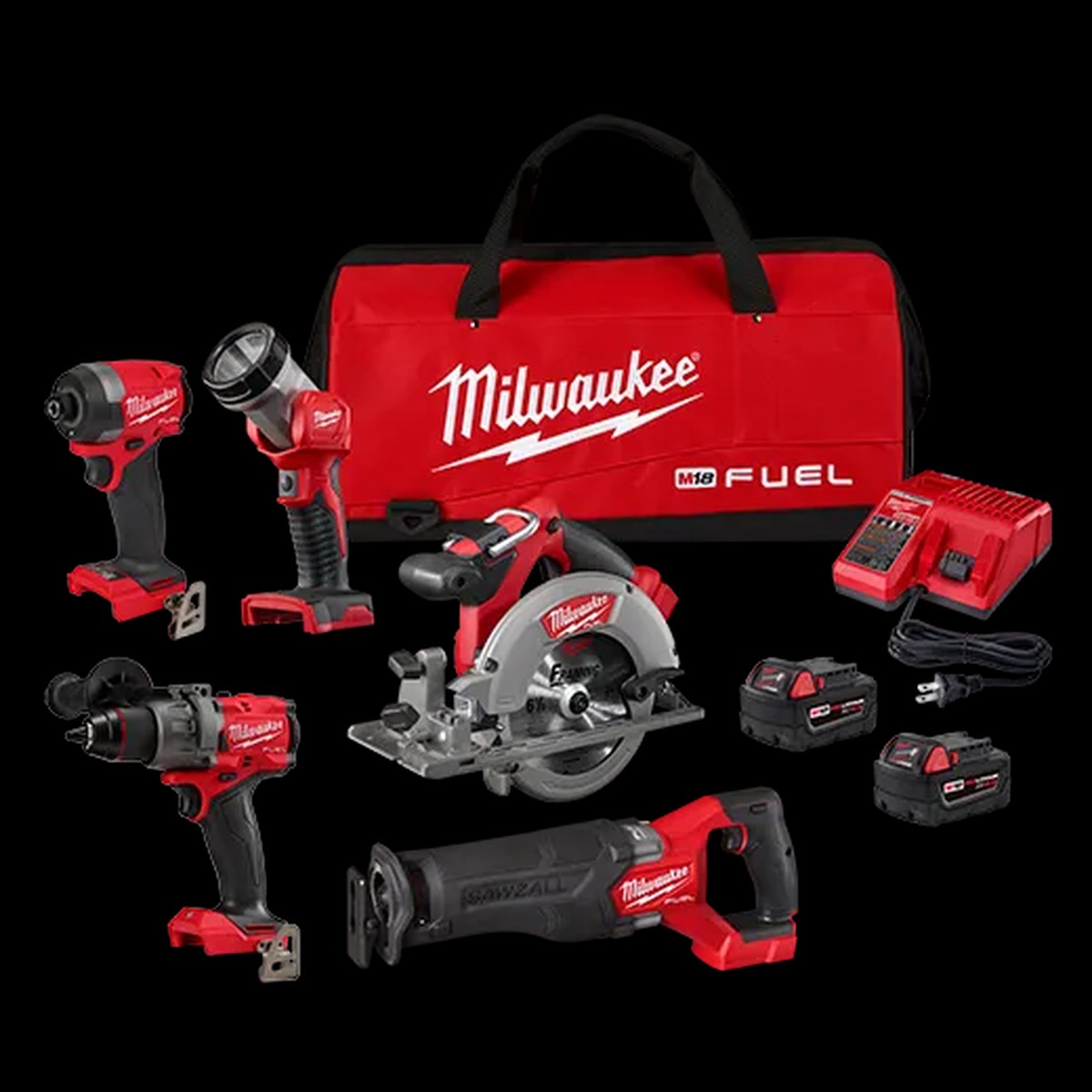 Combo Kit - Milwaukee M18 FUEL 5-Tool Combo Kit Includes 1/2" Hammer Drill/Driver, 1/4" Hex Impact Driver, SAWZALL Recip Saw, 6-1/2" Circular Saw & Work Light, 3697-25