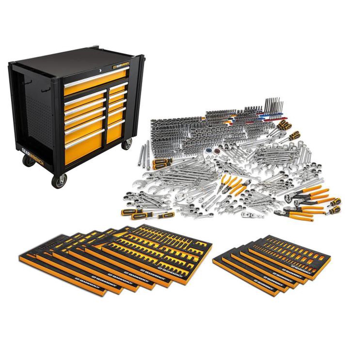 Hand Tool Set - Gearwrench 614 Piece MEGAMOD Master Mechanics Hand Tool Set with Modular Foam Trays and Mobile Work Station, MEGAMODMRO