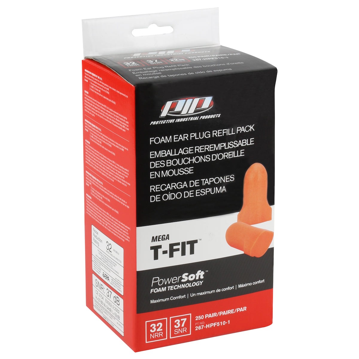 Earplugs - PIP Mega T-Fit T-Shape Disposable Soft Polyurethane Foam Ear Plugs - Dispenser Refill Pack, NP267HPF5101