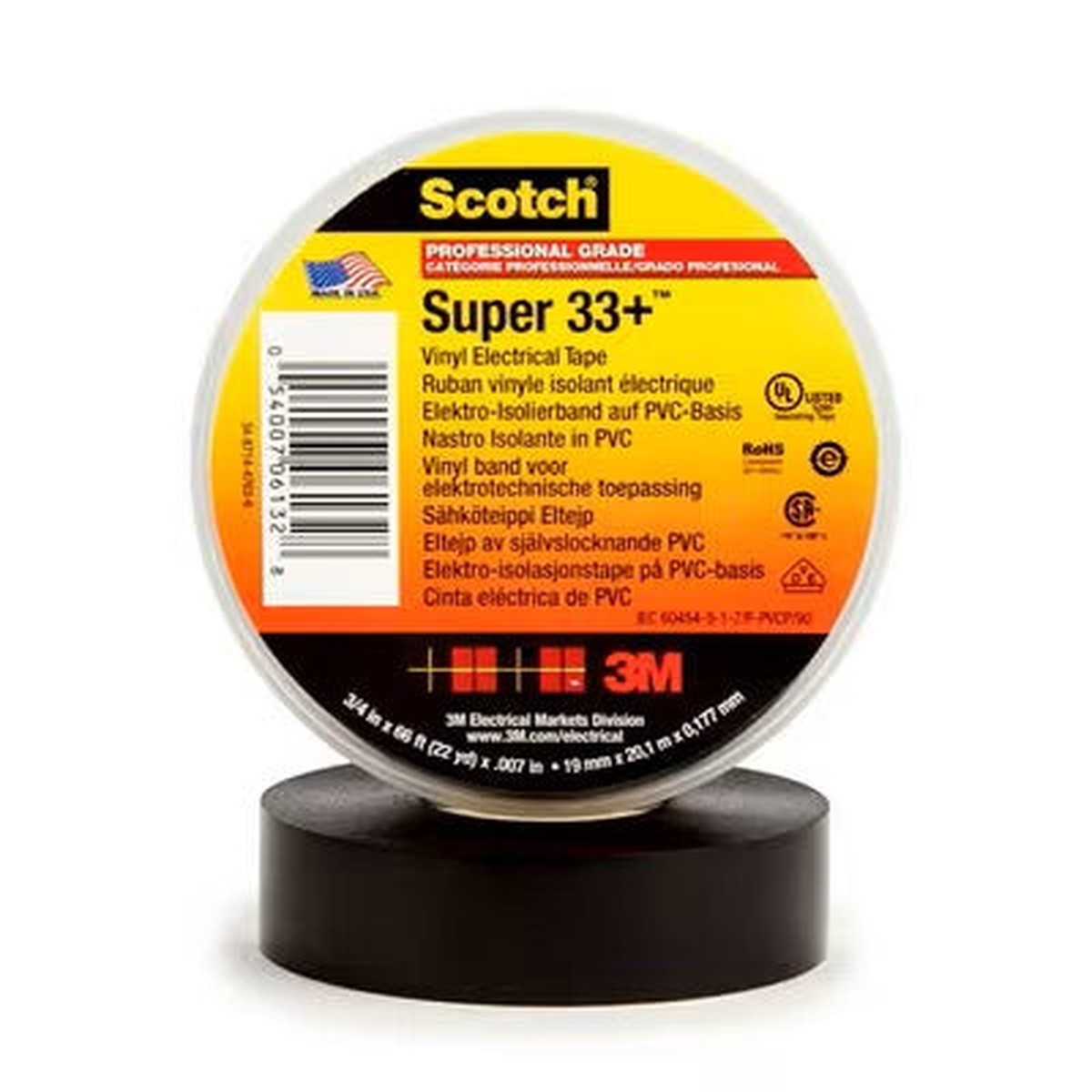 Tape - 3M Scotch Super 33+ Professional Grade Vinyl Electrical Tape, 3/4 in x 66 ft, Black, SUPER33+3/4X66