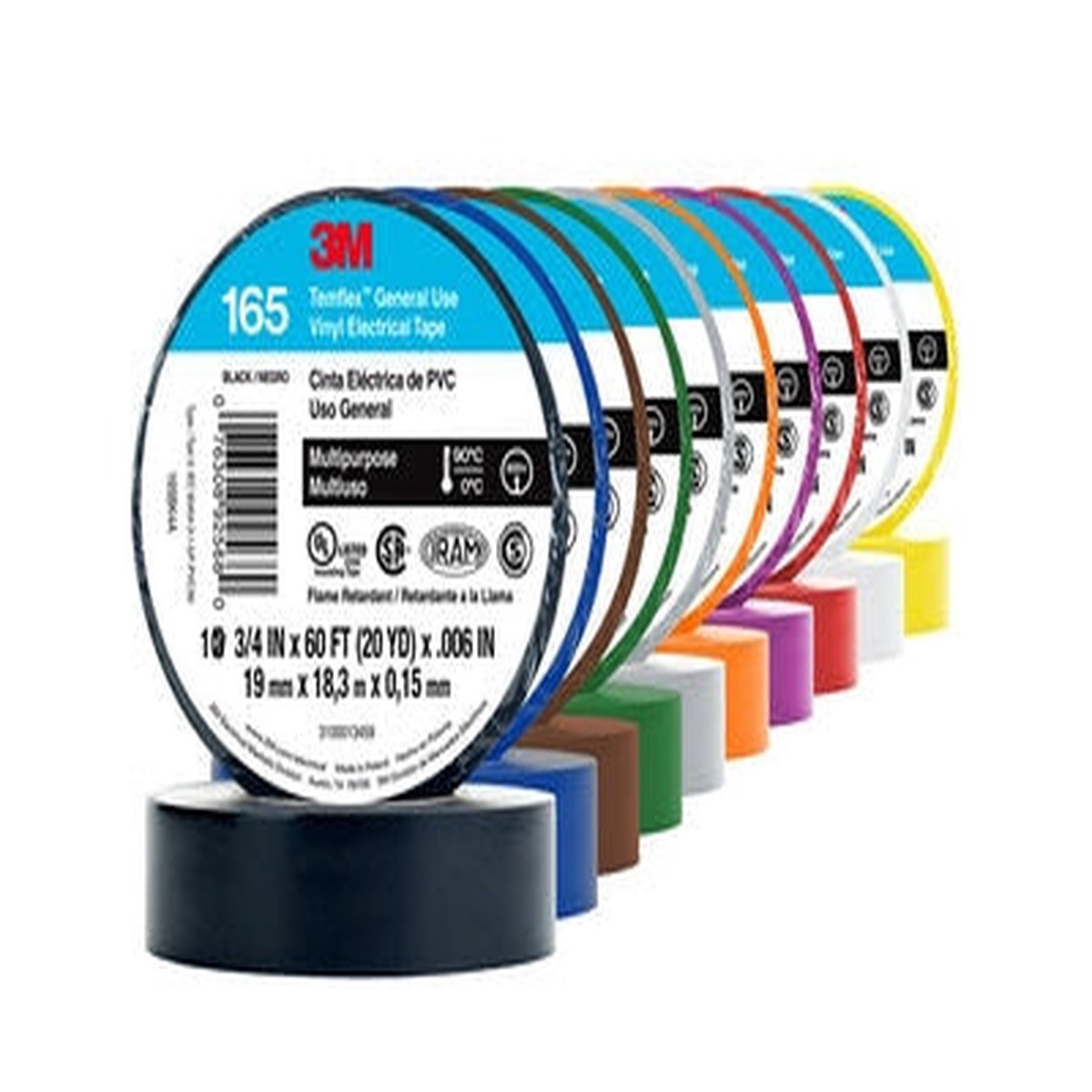 Tape - 3M Temflex General Use Vinyl Electrical Tape 165, 3/4" x 60', Various Colours