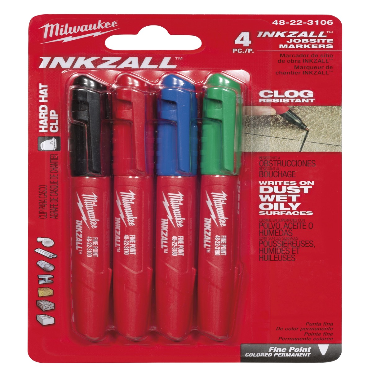 Marker - Milwaukee INKZALL Fine Point Coloured Markers (Pack of 4), 48-22-3106