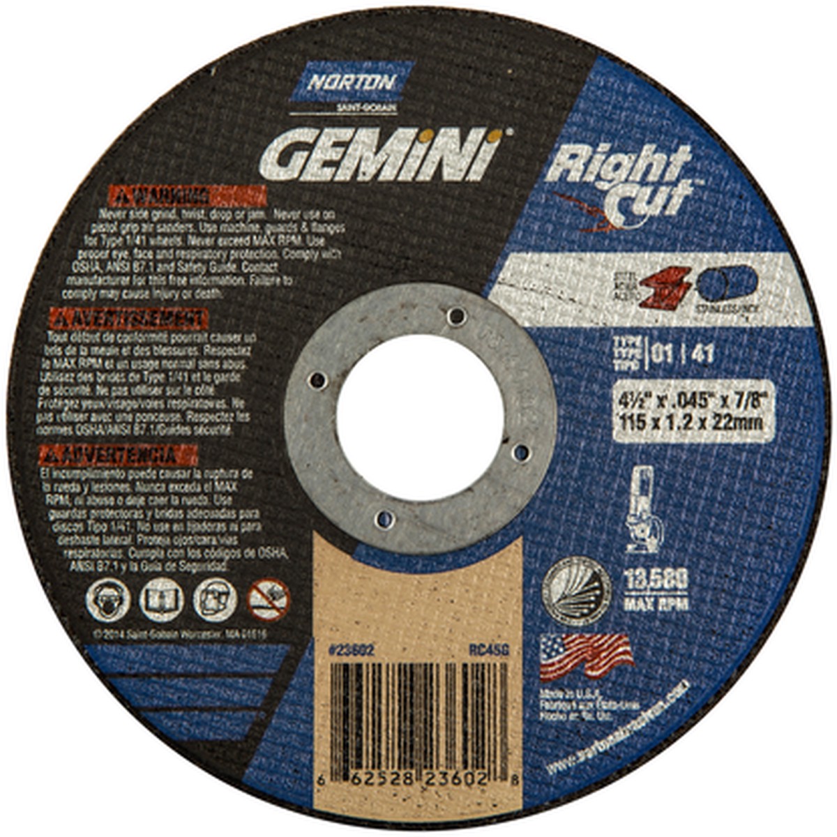 Cut-Off Wheel - Norton Gemini RightCut A AO Right Angle Coarse Grit Type 01/41