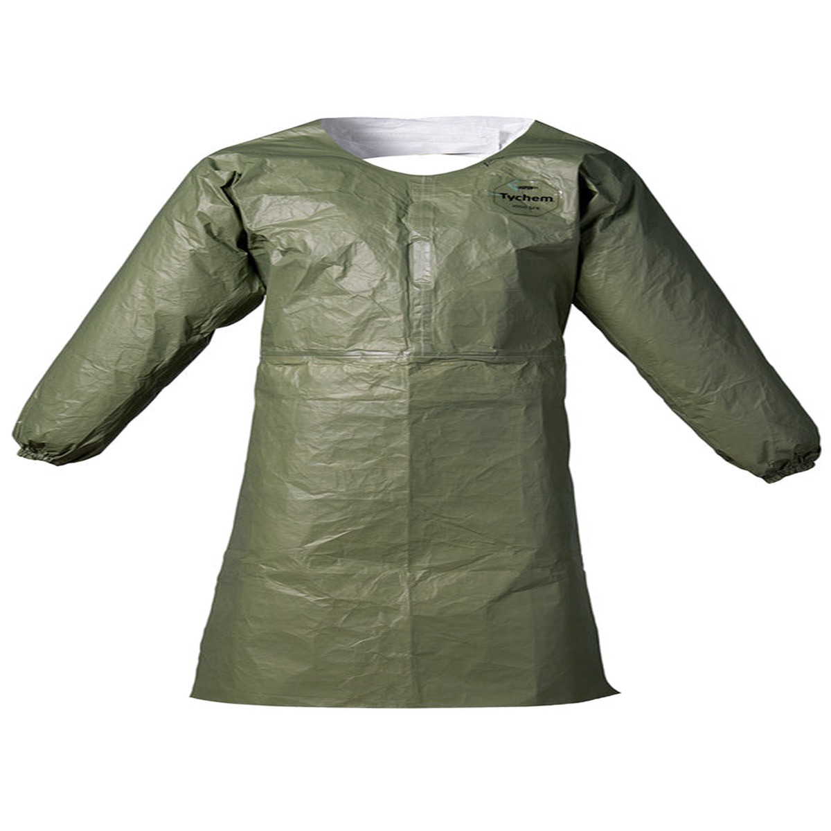 Apron - DuPont Tychem 2000 SFR Sleeved, Elastic Wrists, 44" Long, Hook & Loop Neck Closure, Waist Ties, Taped Seams, Green (Case of 12) QS275T