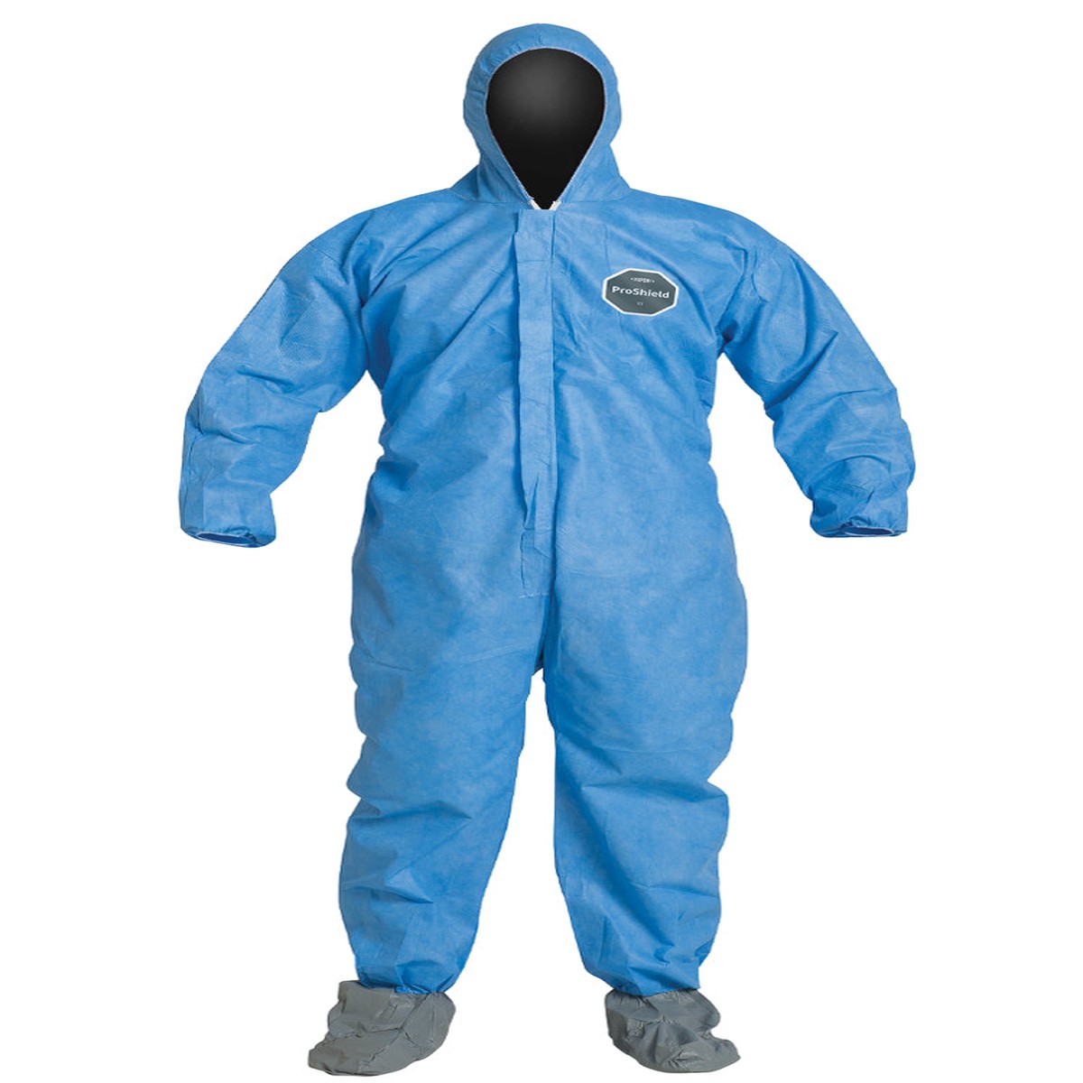 Coveralls - DuPont ProShield 10 Standard Fit Hood, Elastic Waist & Wrists, Attached Skid-Resistant Boots, Serged Seams, Blue (Case of 25) PB122S
