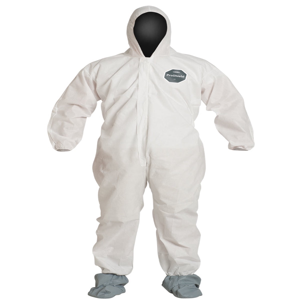 Coveralls - DuPont ProShield 10 Standard Fit Hood, Elastic Waist & Wrists, Attached Skid-Resistant Boots, Serged Seams, White (Case of 25) PB122S