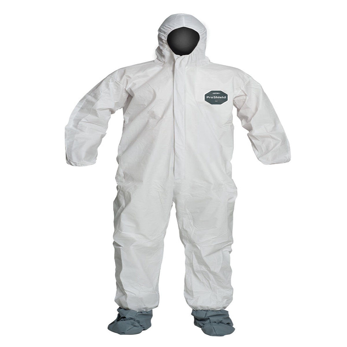 Coveralls - DuPont ProShield 50 Standard Fit Hood, Elastic Wrists, Attached Skid-Resistant Boots, Serged Seams, White (Case of 25) NB122S