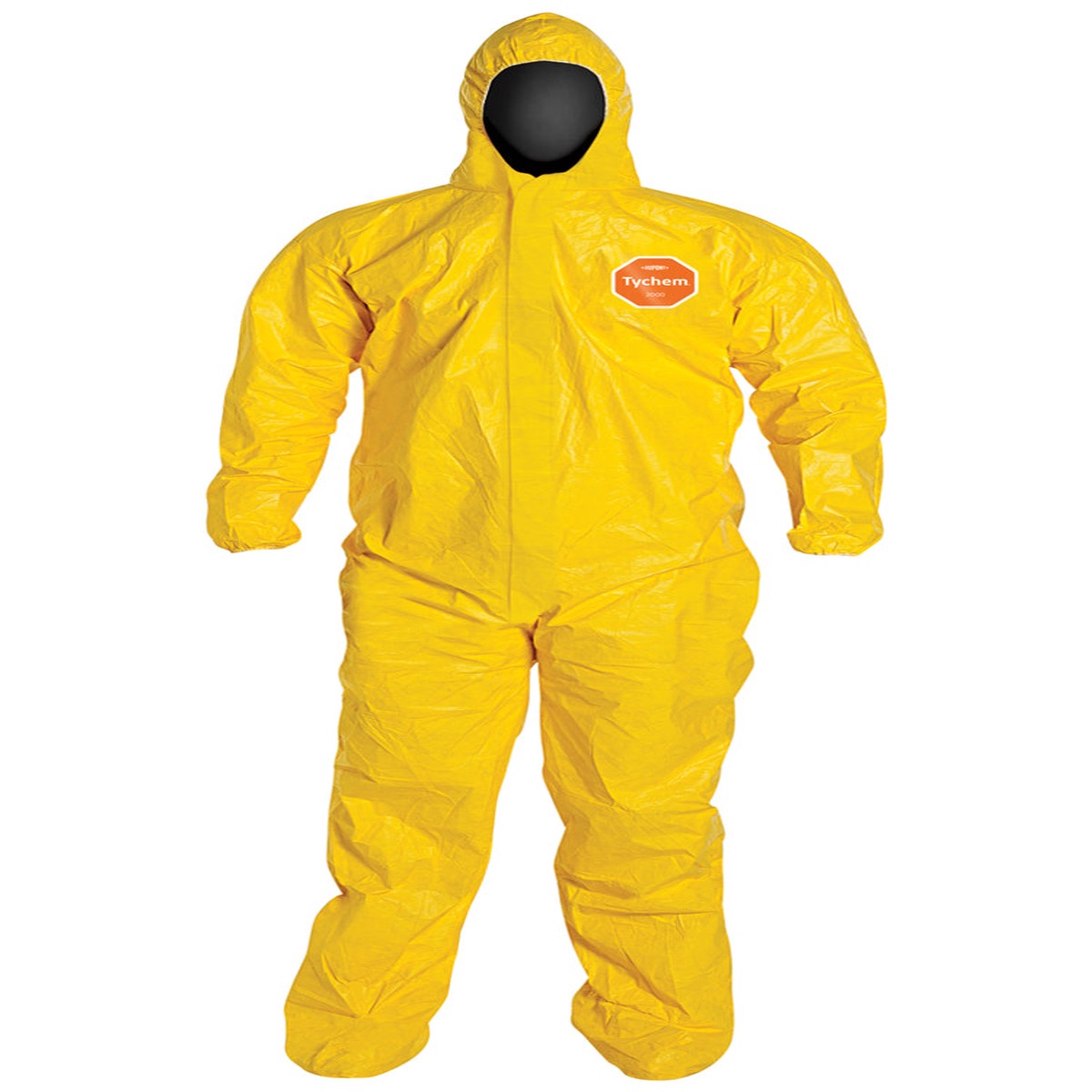 Coveralls - DuPont Tychem 2000 Standard Fit Hood, Stormflap, Elastic Wrists, Attached Socks, Serged Seams, Yellow (Case of 12) QC122S