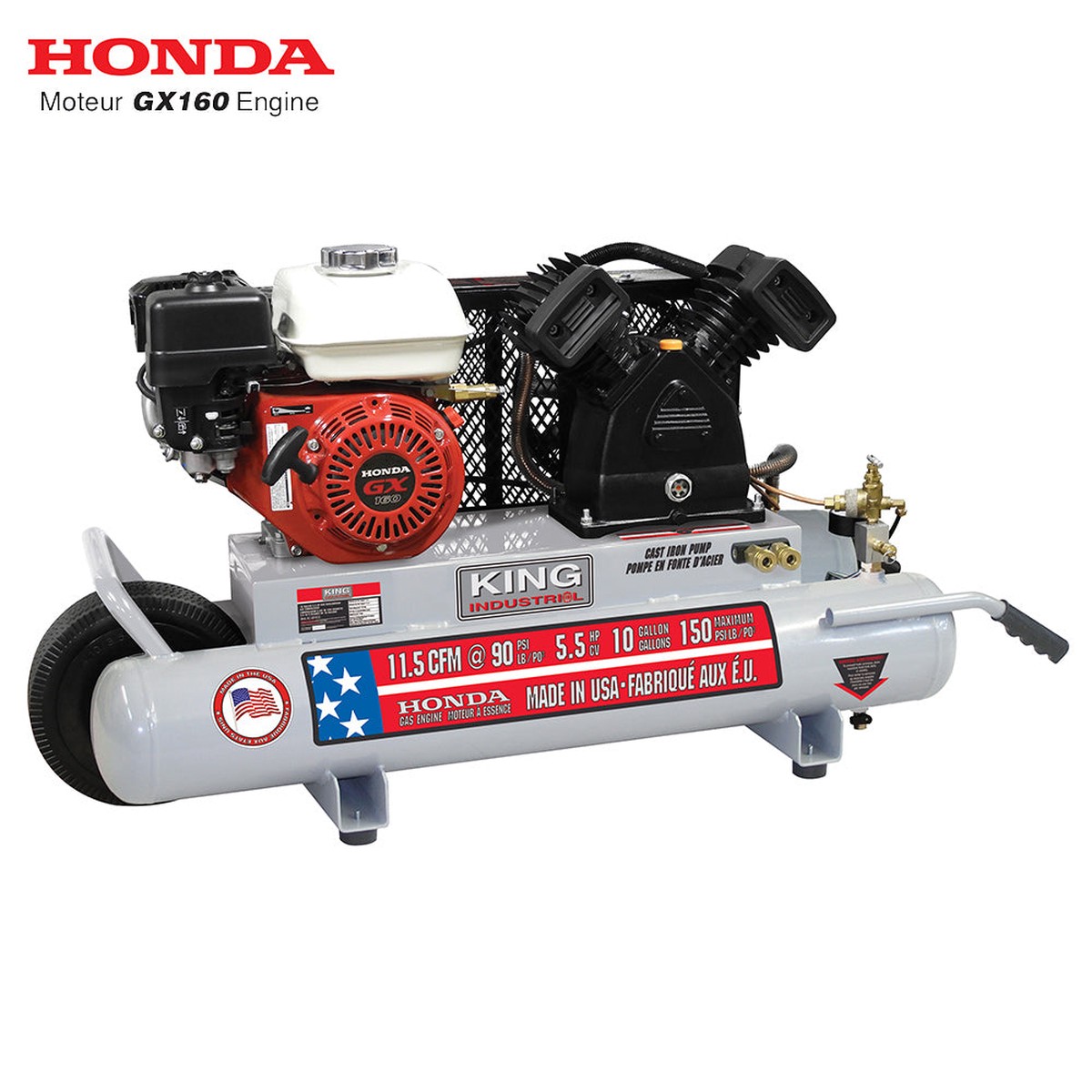 Air Compressor - King Canada Industrial 10 Gallon 5.5 HP Gas (Honda) Wheelbarrow Air Compressor KC-5510G3