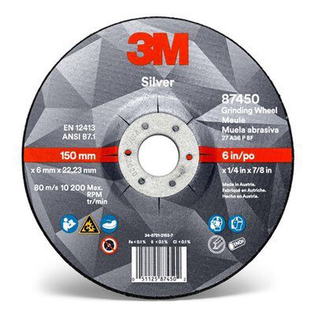 Grinding Wheel - 3M Silver Depressed Center 87450, T27, black, 6 in x 1/4 in x 7/8 in (15.24 cm x 6.35 mm) AB87450