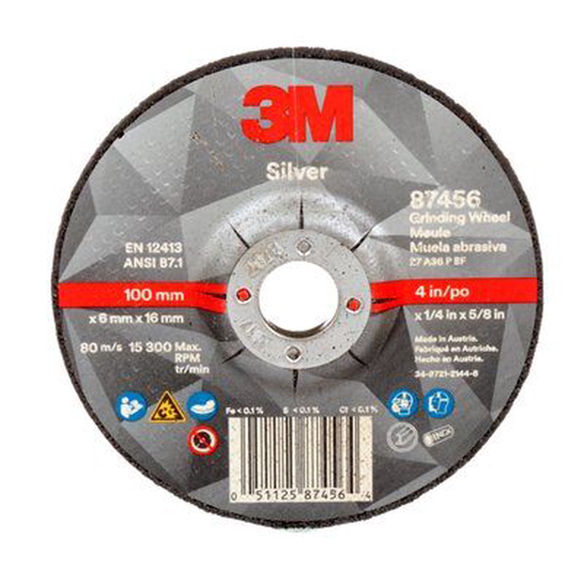 Grinding Wheel - 3M Silver Depressed Center 87456, T27, black, 4 in x 1/4 in x 5/8"-11 (10.16 cm x 6.35 mm) AB87456