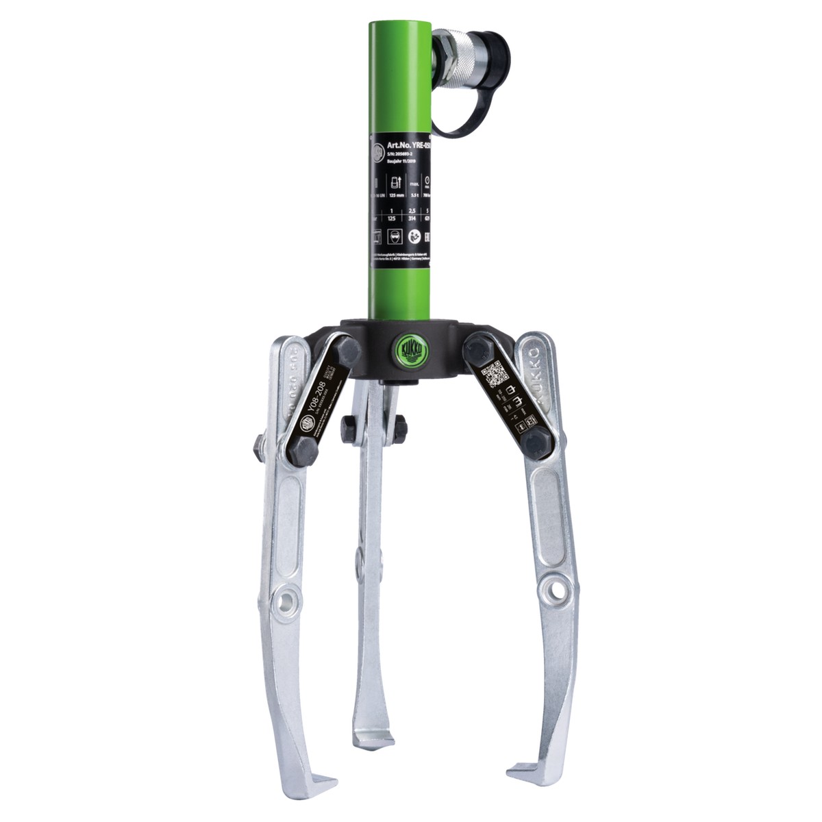 Kukko Y18-208 - Hydraulic, 3-arm puller with adjustable clamping depth, hydraulic pressure cylinder for pump drive (tractive force up to 10 t) and combination crosshead